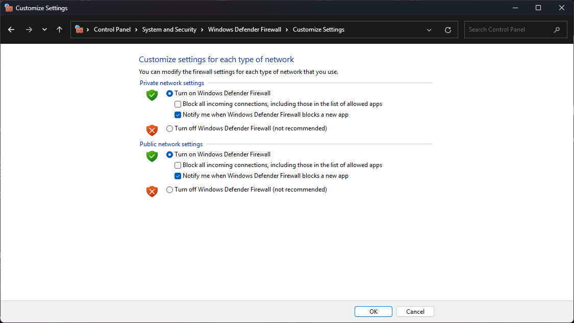 Windows Firewall settings